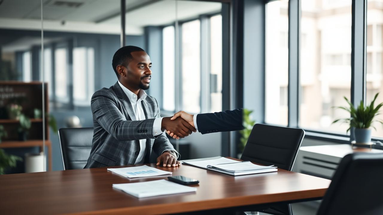 Recruteur et candidat concluant un accord au bureau